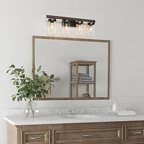 Image of Farmhouse Bathroom Light Fixtures, 4-Light Vanity Lighting Fixtures with Clear Glass Shade in Faux Wood & Black Silver Brushed Finish(28 inch in Length)