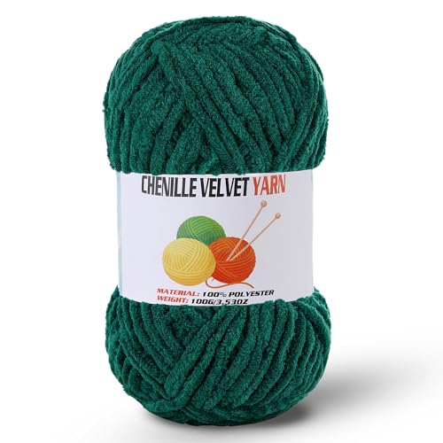 Image of Fluffy Chenille Yarn for Crocheting, Chunky Velvet Yarn for Crochet Amigurumi, Used for Making Baby Yarns Blanket, Clothes, Pattern Knitting Creations (1-Dark Green)
