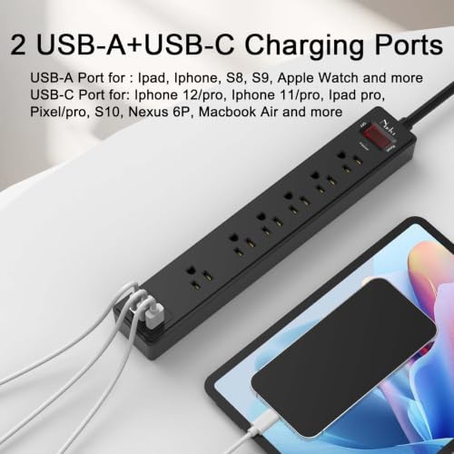 Image of 10Ft Power Strip Surge Protector - Nuetsa Extension Cord with 6 AC Outlets and 3 USB Ports for Home, Office, Dorm Essentials, 1680 Joules, ETL Listed, Black