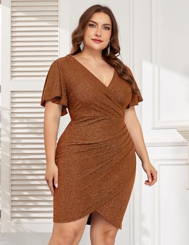 Image of ZOMVA Plus Size 0X-4X Sparkly Glitter Ruched Bodycon Mini Dress Sparkle Sequin Wrap Ruffle Sleeve Dress Cocktail Party Formal