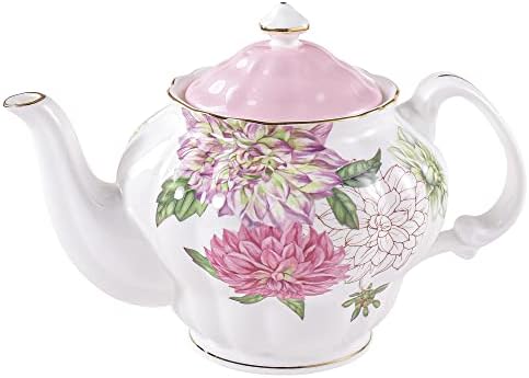 PULCHRITUDIE Bone China Teapot, English Teaset, Dahlia Floral Design with Golden Rim, 37 Oz