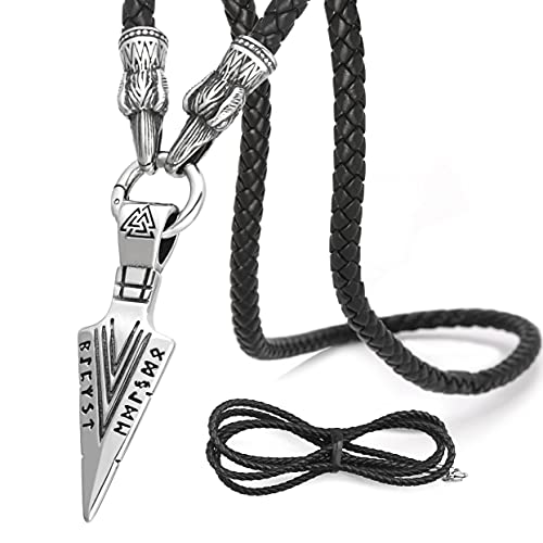 BaviPower Odin's Gungnir Spear Head Pendant with Black Leather Raven Head Chain Necklace â™¦ 316L Stainless Steel â™¦ Nordic Scandinavian Viking Men Jewelry â™¦ Bonus Leather Chain