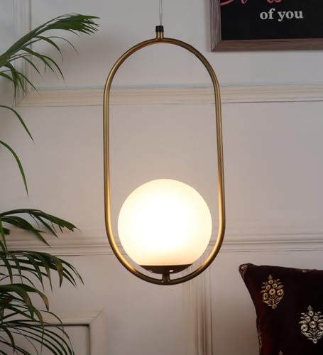 Image of Lexton Golden Capsule Decorative Hanging Ceiling Pendant Light, White Globe & Metal for Bedroom, Living Room (Bulb Not Included)