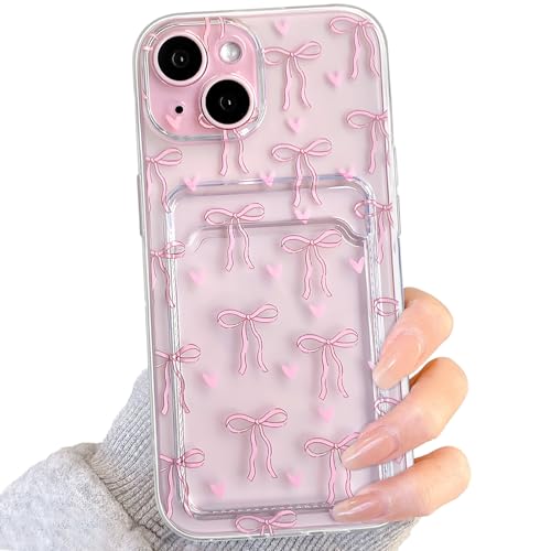 NITITOP Compatible with iPhone 15 Case Clear with Card Holder Cute Bowknot Pattern Bow Ribbon Little Love Hearts for Women Girls Soft TPU Wallet Case Protective Cover - Pink