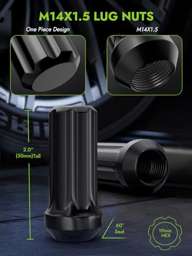 Image of AUTOPTIM M14x1.5 Spline Lug Nuts - 32Pcs Black Long Wheel Nut with Socket