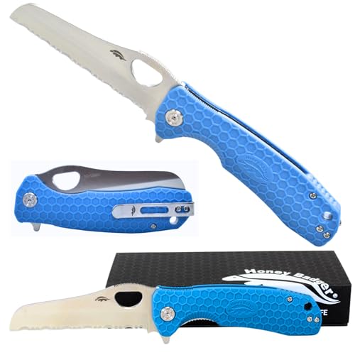Western Active Honey Badger Knives Rescue Folding Pocket Knife - Serrated Edge, 3.60" Blade, Blue FRN Handle - Ball Bearing Flipper, Thumb Hole, Reversible Deep-Carry Clip