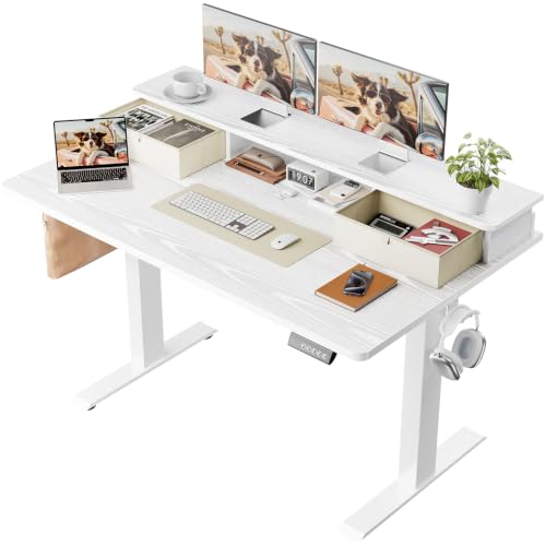 Image of Veken 47x28 in Electric Standing Desk with Drawers, Adjustable Table, White | Stand up Computer Desk for Home Office, Work & Study, with Storage, 3 Memory Presets, Cable Organizer, Hook, and Quiet Lift.