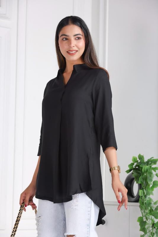 Image of Mlada Rayon Flare Top for Women | 3 /4th Sleeve Regular Fit and Flare Top | Women Office Tops Tunic | Western Long Shirt Top for Women | Shirt Collar Top for Women | Rayon Tunic Tops for Women Western