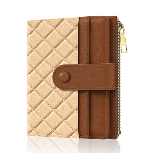 Womens Wallet, RFID Small Slim Wallets for Women, Compact Credit Card Holder, Cute Leather Bifold Ladies Purse with Zipper Coin Pocket and ID Window, Apricot Brown