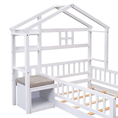 Floor Bed With Fence Railings And House Shape Headboard, Twin Size House Beds With Cushioned Nightstand And Wooden Slats Support, Kids Montessori Style Playhouse Bed Frame For Girls Boys, White #TOP6
