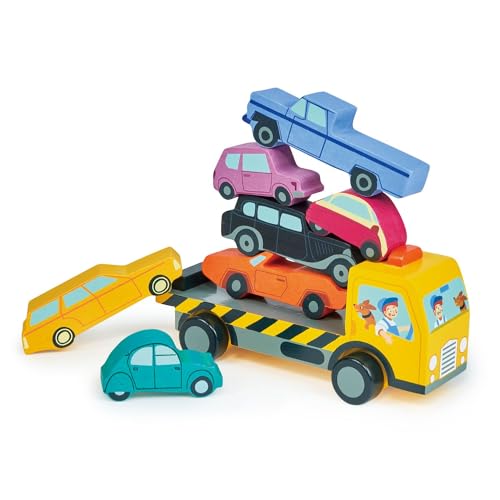 Image of Tender Leaf Toys - Stacking Cars - 7 Wooden Stacking Toy Cars and a Wheeled Truck for Toddler Boys and Girls - Boost Fine Motor Skills and Hand-Eye Coordination - Great Gift for Car Lovers - Age 18m+