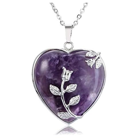 CrystalTears Amethyst Healing Crystal Necklace Flower Wire Wrapped Heart Crystal Stone Pendant Reiki Healing Crystal Gemstone Necklace Jewelry for Women Girls Mothers Day Gifts for Mum Cover