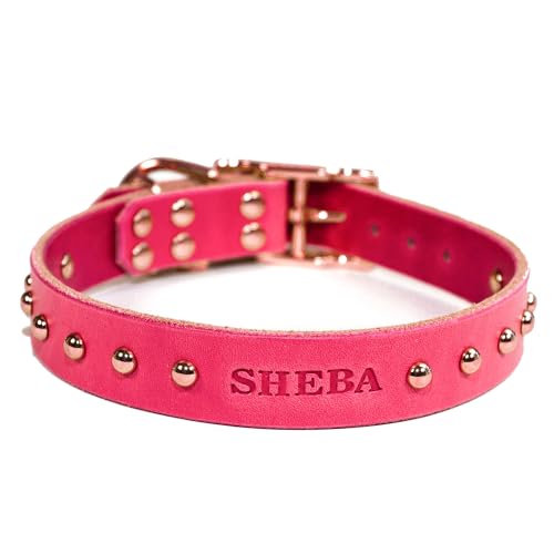 Handmade Personalized Studded Bridle Leather Dog Collar, Copper/Rose Gold Tone Buckle (Pink)