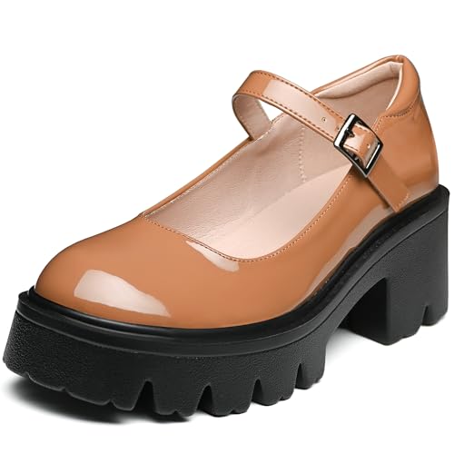 Elvora Women's Mary Jane Shoes - Platform Mary Janes for Women, Brown Leather Round Toe Chunky Dress Shoes with Adjustable Ankle Strap