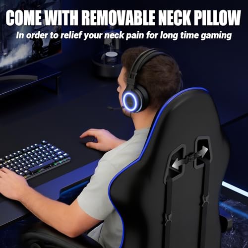 Image of Czlolo Gaming Chair with Footrest Racing Style Lumbar Support Massager Video Game Chair with Metal Legs, High Back Reclining Gamer Chair with Headrest, 360 Swivel Office Computer Desk Chair (Blue)