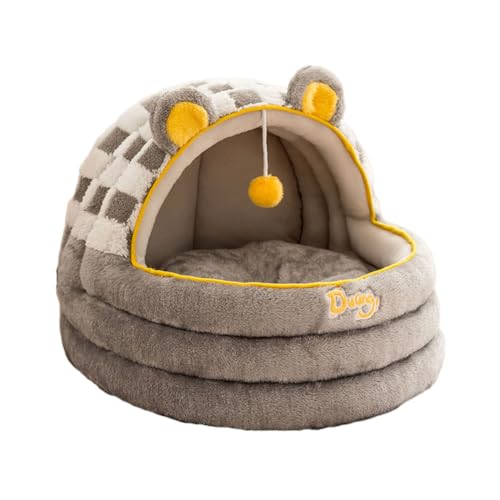 快適な半密閉型ソフトペットベッド&ドッグハウス - 猫と子犬のための厚くて暖かいゆりかご、ぬいぐるみボールおもちゃ付き