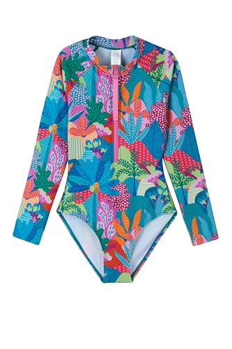 Gottex Girls Kids Long Sleeve Zip Front One Piece Swimsuit Chlorine Fade Resistant and Built-in UPF UV Protection, Multicolor