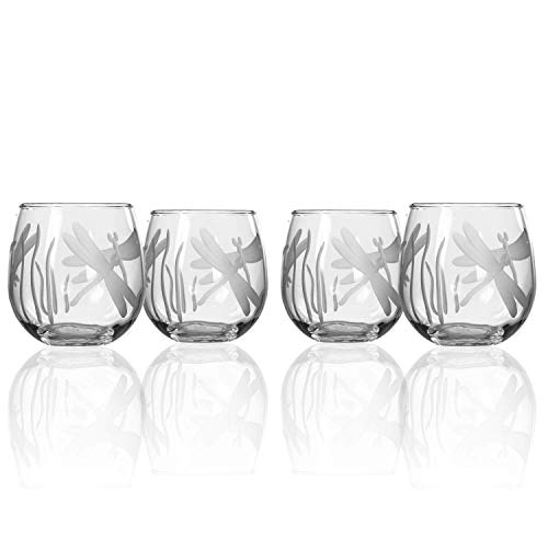 Rolf Glass Dragonfly Stemless Red Wine Glass 1675 oz - Set of 4 Tumbler Wine Glasses - Lead-Free Glass - Etched Stemless Wine Glasses - Made in the USA