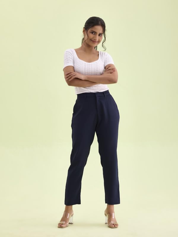 Image of GO COLORS Solid Formal Crepe Pants for Women | Mid Rise, Side Pocket