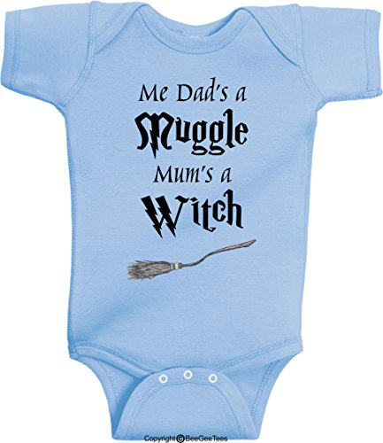 Image of BeeGeeTees Me Dad's A Mug Mum's A Witch Funny Baby Cute Wizard Bodysuit