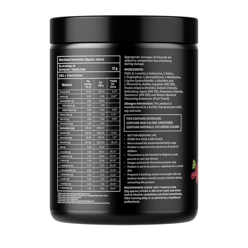 Image of Foodstrong EAA 9000 with Hydrating Electrolytes, Fruit Punch Flavour, 9g Essential Amino Acids (EAA) & 6g BCAA Per Serving - Supports Muscle Recovery & Rehydration - 300g, 25 Servings