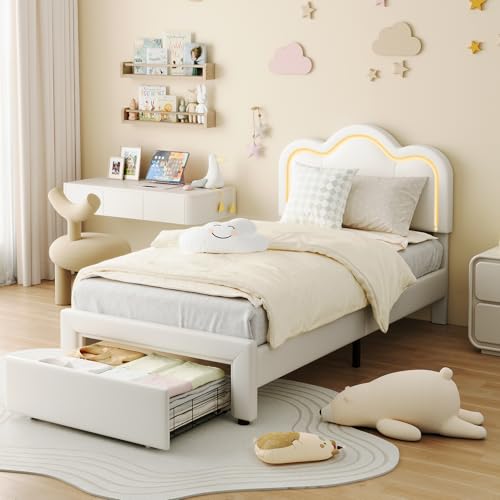 GarveeHome Twin Upholstered LED Bed Frame with Headboard and Storage Drawer, PU Leather Princess Platform Bed Frame for Kids, Wooden Slats Support, No