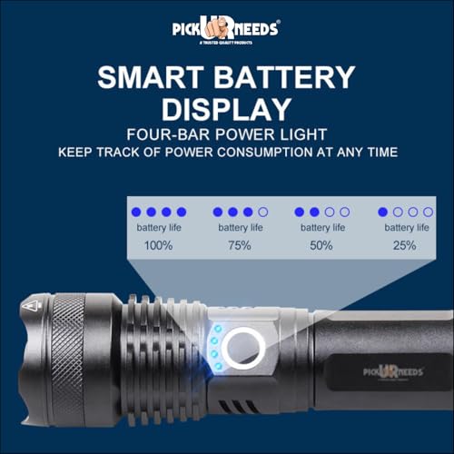 Image of Pick Ur Needs 150w High Power Rechargeable LED Flashlight Torch Zoomable Focus 5 Lighting Modes Type-C Fast Charging Long-Range Torch 4000mAH Battery for Outdoor, Camping & Emergency (Dark Black)