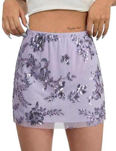 DERAX Womens Sequin Sparkly Mini Skirt Mesh Floral Glitter High Waist Vacation Clubbing Short Skirts Purple S