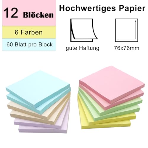 (12 Blöcke) Haftnotizen 76x76mm Post, Sticky Notes Pastell Post Stickies Colourful, Klebezettel zum Beschriften, Super Sticking Power Memo Pads sticky notes für Schule, Zuhause, Büro, 60 Blatt/Bücher