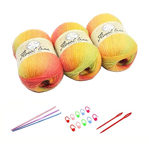3X 100g Rainbow Wool Yarn Balls Chunky Knit Double Pom Pom Coloured Chunky Wool with 3 Crochet Hooks, 2 Needles