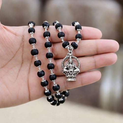 Image of Karungali Malai 8mm Certified with Divine Lord Ayyappa Pendant Silver Plated Original | 54 Beads Authentic Black Ebony Wood Mala with German Silver Cap for Men & Women | Spiritual Protection, Energy Balance & Daily Pooja Wear - 1 Piece