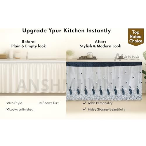 Image of Embroidered Kitchen Sink Curtain with Rod Pocket | Decorative Under Sink Cabinet Curtain | Floral & Peacock Design | Washable Fabric | Size: 150 x 71 CM (Gray, Pack of 2)