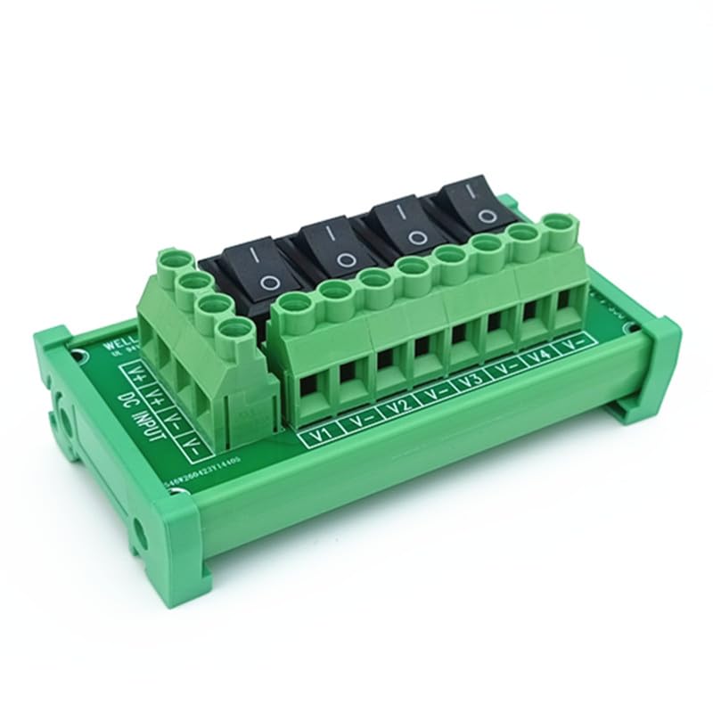 DIN Rail Mount 4 Channel Black Rocker Switch DC Power Distribution Strip Module.