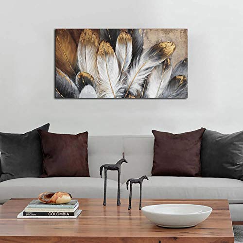 Image of Mofutinpo Feather Wall Art Modern Living Room Bedroom Wall Decoration Large Giclee Print Canvas Painting Artwork for Home Decor One Piece White Gold Brown Feather Picture Ready to Hang 24x48 Size