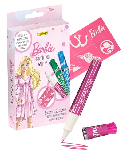 ONLINE Barbie Skin Tattoo Pens, 3 bolígrafos de tatuaje con purpurina con alta opacidad y seis plantillas, lápices brillantes lavables para niñas, para niños para manualidades y autopintar