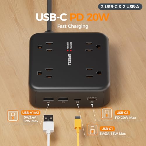 Image of TESSAN Dual Surge Protector Power Strip, 10 Ft Extension Cord Flat Plug