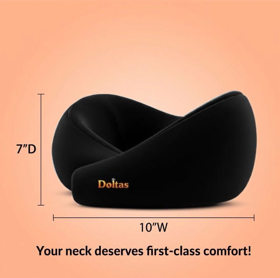 Image of DOLTAS Travel Neck Pillow - 100% Memory Foam Neck Support Pillow for Flight Travel, Adjustable Velcro Straps, Includes Eye Mask & Noise Isolating Ear Plugs with Free Travel Pouch | Velvet Black