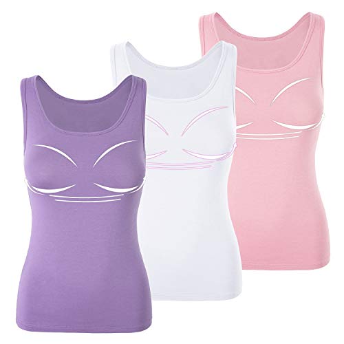 3 Pack Shelf Bra Tank Top, Women Camisole Built in Bra Stretch Casual Cami Undershirt