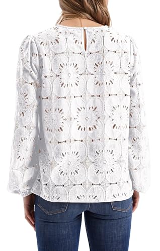 Image of OFEEFAN Blouses for Women Dressy Casual Spring Tops 2026 Summer Outfits Flower Lace Crochet Long Sleeve Shirts