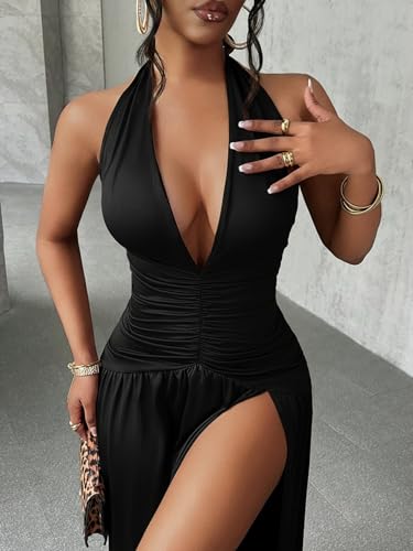 Image of SweatyRocks Women's High Slit Ruched Sheer Sleeveless Low Cut Halter Maxi Dresses