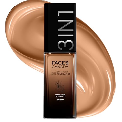 Image of FACES CANADA All Day Hydra Matte Foundation | 3-in-1 Foundation + Moisturizer + SPF 30 | 24 HR Aloe Hydration & Vitamin C | 10HR Long Wear | Medium to High Buildable Coverage | Warm Sand 042 | 30ml