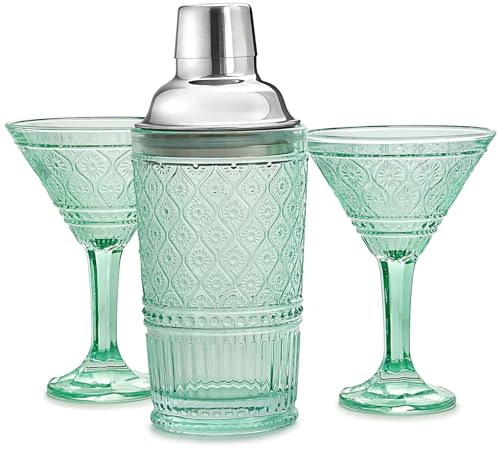 Godinger Cocktail Shaker and Martini Glasses Barware Gift Set, Martini Shaker and 2 Cocktail Glasses Set, Vintage Decor, Claro Collection, Green