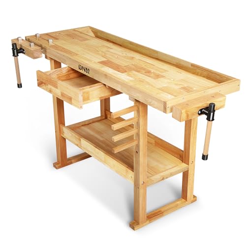 Image of DNA Motoring Heavy Duty Wood Workbench, Wooden Workbench with Drawer for Workshop, Garage, W/Adjustable Handle, TOOLS-00522
