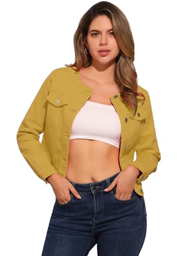 Veste en jean sans col jaune denim coton manches longues mode femme taille S