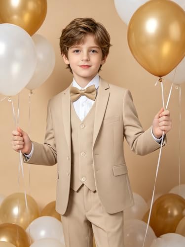 Image of Boys' Formal Suit 5 Piece Slim Fit Suits for Boy Kids Tuxedo Toddler Wedding Ring Bearer Outfit Teen Communion Dress