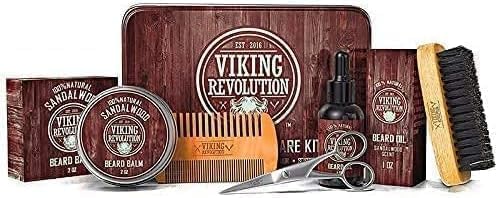 Viking Revolution - Kit Barba Uomo Sandalo - Spazzola Setola di Cinghiale, Pettine, Balsamo, Olio, Forbici e Scatola Metallica - Regalo Natale Uomo