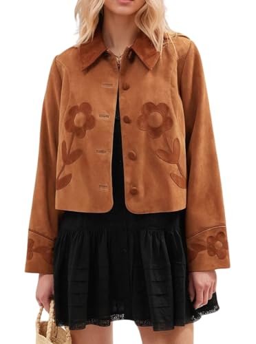 chouyatou Women Fall Floral Faux Suede Leather Jacket Casual Crop Button Down Suede Trucker Jacket Outerwear