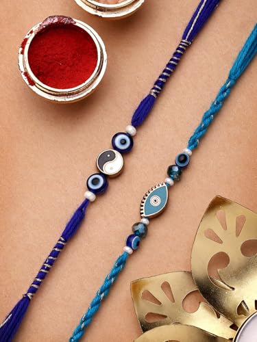 Image of Sukkhi Rakhi Trendy Floral Design Gold Plated AD Stones & Pearls Combo Rakhi for Brother with Roli Chawal & Greeting Card| Set of 2