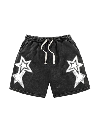 SOLY HUX Mens Star Graphic Y2k Vintage Drawstring Waist Wide Leg Track Shorts Summer Bottoms Streetwear Black Star Small