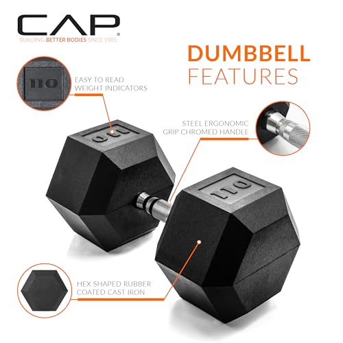Image of CAP Rubber Coated Dumbbell Weights, Free Weights for Home Gym Strength Training, Anti-Roll Hex Dumbbells with Black, Chrome & Comfort Grip Handles, Singles